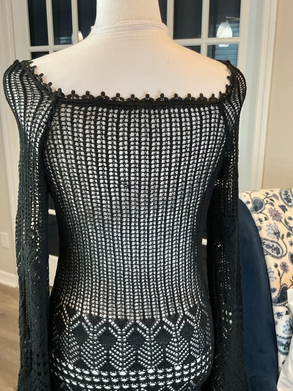 Cider Black Crochet Open Knit Maxi Dress Long Flare Slv., Fringe Hem Size M NWT - Picture 11 of 13